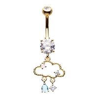 Pierced Owl 14GA Stainless Steel CZ Crystal Rain Cloud Dangling Belly Button Ring (Gold Tone)