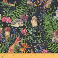 Natural Scene Fabric by The Yard, Fox Owl Hedgehog Upholstery Fabric Birds Wild Aniaml Mushroom Deco
