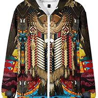 AMOMA Unisex Native Indians 3D Printed Zip Hoodie Feather Totem print Casual Full Zip-up Coat(XL,Owl
