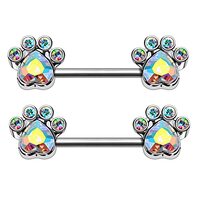 Pierced Owl 14GA 316L Stainless Steel Aurora Borealis CZ Crystal Dog Paw Nipple Barbells, Sold as a 