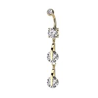 Pierced Owl 14GA 316L Stainless Steel Double CZ Crystal Linked Dangling Belly Button Ring (Gold Tone