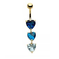 Pierced Owl 14GA 316L Stainless Steel Triple Blue CZ Crystal Hearts Dangling Belly Button Ring (Gold