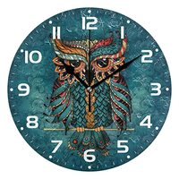 ZOEO Large Wall Clocks, Owl Cyan Mandala Indian Feather Tribal Battery Operated Non Ticking 10 inch 