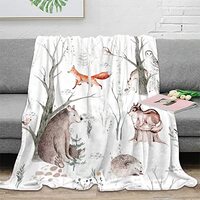 Rustic Woodland Forest Throw Blanket for Couch - Watercolor Cute Animals Owl Fox Butterfly Squirrel 
