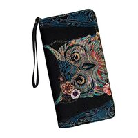 Bulopur Watercolor Owl Flowers Print Women Wristlet Wallet Zip Around Clutch Large PU Leather Bifold