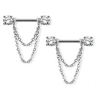 Pierced Owl 14GA 316L Stainless Steel Prong Set CZ Crystal Ends with Double Dangling Chains Nipple B