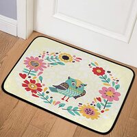 Owls and Flowers Doormat for Outdoor Non-Slip Rubberback Color Owl Distressed Carpet Machine Washabl