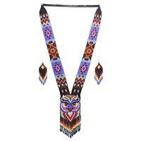 Native Tribal Style Long Statement Beaded Necklace for Women Handmade (Black Purple Owl)