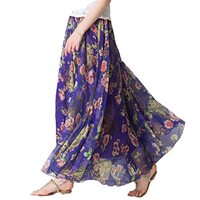 Women Chiffon Vintage Floral Print Bohemian Maxi Skirt Holiday Beach Elastic Waist Skirt Blue owl S 