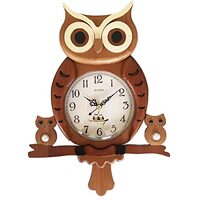 Owl Shaped Pendulum Wooden Wall Clock Non-Ticking Silent Battery Operated Pendulum for Home Decor