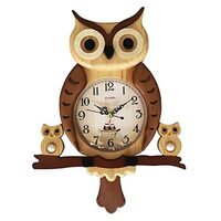 Owl Shaped Battery Operated Pendulum Wooden Wall Clock Non-Ticking Silent for Living Room