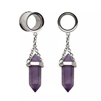 Pierced Owl 316L Stainless Steel Dangling Amethyst Stone Double Flared Tunnel Plugs, Sold as a Pair 
