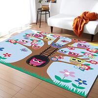 Rugs for Living Room, Cartoon Colorful Owl and Big Tree Area Rug 3x5ft, Non-Slip Comfy Carpet for Be