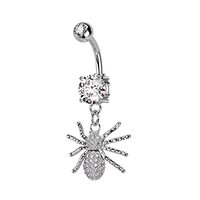 Pierced Owl 14GA 316L Stainless Steel CZ Crystal Paved Spider Dangling Belly Button Ring (Silver Ton