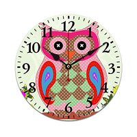 HighonHi Wooden Wall Clock Watercolor Owl Round Desk Clock Non Ticking Cartoon Animal Wooden Wall Cl