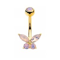 Pierced Owl 14GA 316L Stainless Steel Pink Opalite CZ Crystal Butterfly Belly Button Ring (Gold Tone