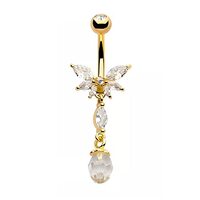 Pierced Owl 14GA 316L Stainless Steel CZ Crystal Butterfly with Dangling Gems Belly Button Ring (Gol