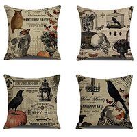 Pandeng Linen Throw Pillowcase 18 x 18 inch Set of 4, Vintage Halloween owl Crow Pumpkin Skull Home 