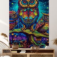 Xguatan Psychedelic Owl Blacklight Tapestry, Line Art Forest Neon Party Wall Tapestry Animal Bird UV