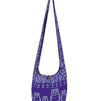 Owl Print Sling Crossbody Messenger Purse - Hippie Hobo Shoulder Bag - Unlined, Medium (Grape Purple