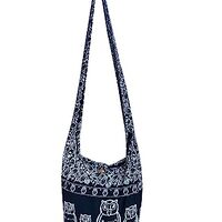 Owl Print Sling Crossbody Messenger Purse - Hippie Hobo Shoulder Bag - Unlined, Medium (Black)