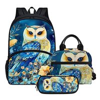 Blue Floral Owl Backpack with Lunch Box and Pencil Case Girls Comfy Padded Cute School Backpack Set 