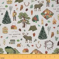 Hunting Deer Fabric by The Yard, Happy Camping Upholstery Fabric, Pine Tree Woodland Adventure Decor