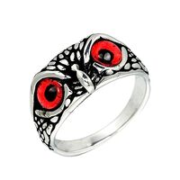 PAMTIER 10MM Unisex Stainless Steel Vintage Gothic Demon Eye Owl Biker Ring with Red Gemstone Eyes D