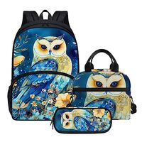 Pinupub Kids Blue Owl Flowers Backpack 3pcs Set Including 17 Inch Large School Bag With Lunch Bag An