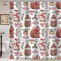 Namdeva Merry Christmas Shower Curtain, Cute Cartoon Animal Owl Rabbit Squirrel Berry Pine Cone Wint