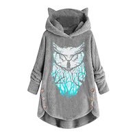 Women's Fuzzy Fleece Oversized Hoodies Cat Ear Hooded Pullover Sweatshirts Cute Owl Print Winte