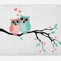 KXO Teal and White Bath Mat, Owl Couple Sitting on Tree Branch Valentines Romance Love, Plush Bathro