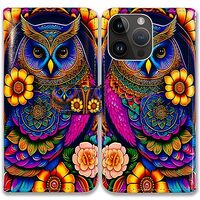 Bcov iPhone 15 Pro Max Case,Colorful Owl Mandala Flower Leather Flip Phone Case Wallet Cover with Ca