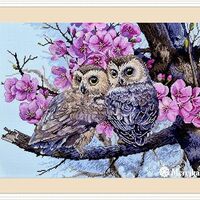 Merejka K-228 Two Owls in Spring Blossom Counted Cross Stitch Kit, Cotton, Multi-Colour, 38 x 29 cm