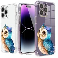 Roemary Blue Case for iPhone 15 Pro with Blue Owls Design,Cartoon Pattern with Screen Protector [Buf