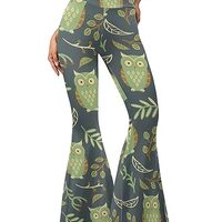 Bulopur Green Owl Leaves Print Flare Yoga Pants, Women's Crossover High-Waisted Flare Bootcut L