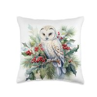 Winter's Grace Snowy Owl in Pine Tree with Boughs of Holly Throw Pillow, 16x16, Multicolor