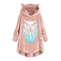 Womens Fleece Sweatshirts Warm Winter Funny Owl Graphic Hoodies Cat Ear Tops Pink