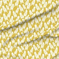 Spoonflower Fabric - Owl Bird Block Print Mustard White Hand-Carved Woodland Animals Bright Printed 