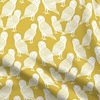 Spoonflower Fabric - Owl Bird Block Print Mustard White Hand-Carved Woodland Animals Bright Printed 