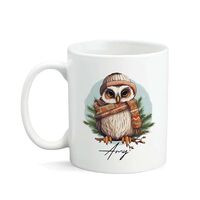 Personalized Owl In Scarf And Hat Mug, Custom White Ceramic Tea Cup, Customized Name Adorable Owl On