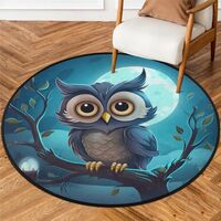 Modern Round Rugs 3 Feet Cute Owl Cartoon Moon Area Rug for Living Room with Non Slip Backing Soft K