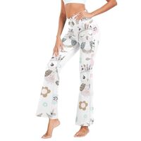 Cute Cartoon Owls Flowers White Cross Waist Flared Bottoms Loose Fitting Sport Leggings for