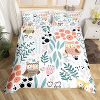 Erosebridal Kawaii Owl Bedding Set,Cartoon Owl Duvet Cover Queen,Cute Love Heart Leaf Floral Comfort