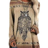Owl Dream Catcher Printed Aztec Vintage Sweatshirt Long Sleeve Crewneck Loose Tops Comfy Shirts West