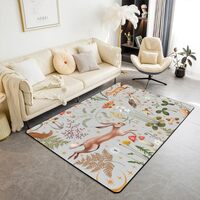 Cute Rabbit Owl Area Rug 100cm X 150cm X 1cm Watercolor Green Leaves Red Mushroom Rug for Living Roo