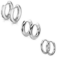 Set of 3 Pairs 316L Stainless Steel Classic Round Hinged Huggie Hoop Earrings (Silver Tone)