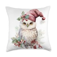 Vintage Christmas Owl wearing a Santa Hat Throw Pillow