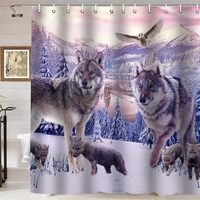 Namdeva Wolf Shower Curtain, Native American Wolf Owl Wildlife Wild Animal Mountain Forest Tree Wint