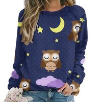 Owls with Stars Moon Casual Pullover Raglan Sweatshirt for Women Long Sleeve Top Tees Crewneck Sweat